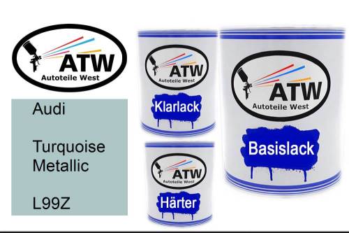 Audi, Turquoise Metallic, L99Z: 1L Lackdose + 1L Klarlack + 500ml Härter - Set, von ATW Autoteile West.